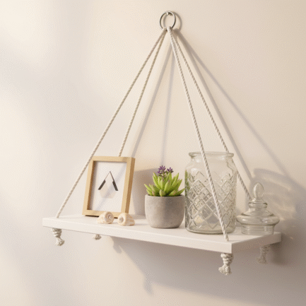 Rope Hanging Shelf – Mahogany Wood | Wall Mounted Decorative Shelf for Plants & Home Décor