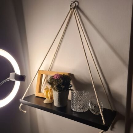 Rope Hanging Shelf – Mahogany Wood | Wall Mounted Decorative Shelf for Plants & Home Décor